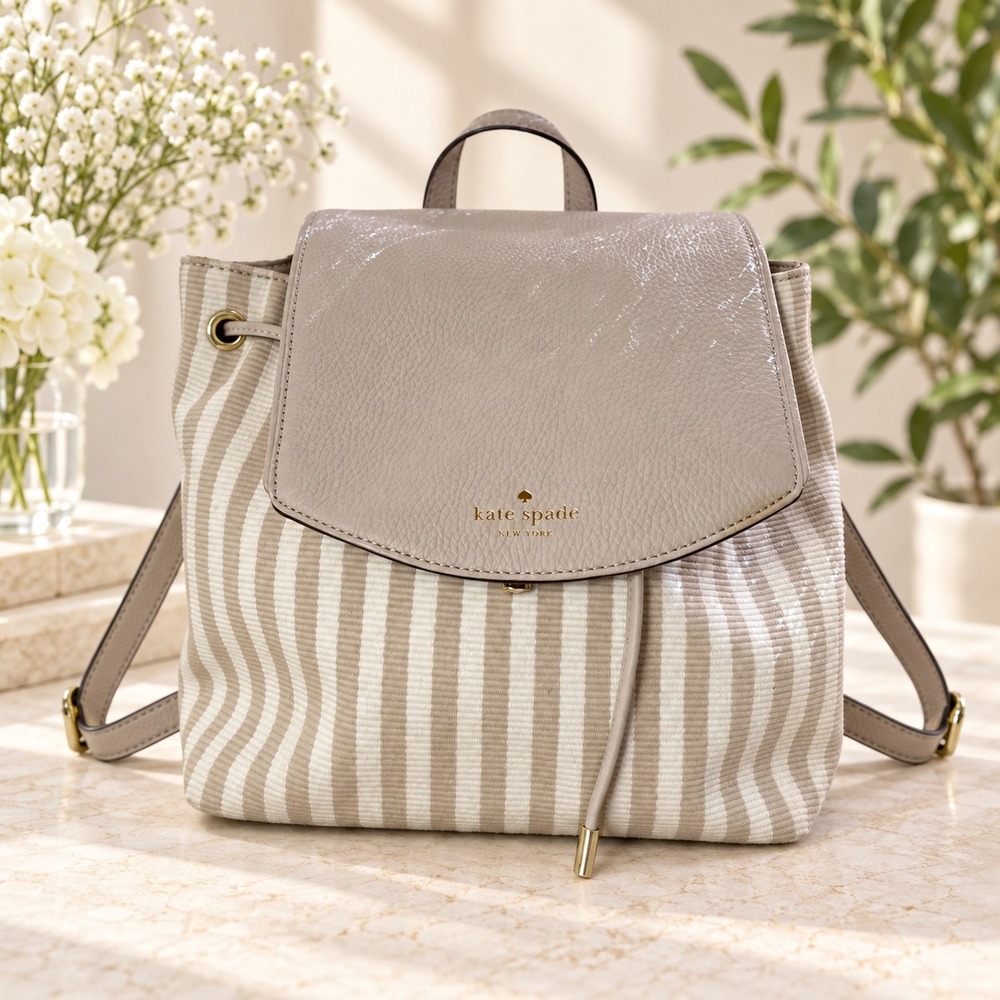 Kate Spade New York Cream Taupe Striped Canvas Leather Flap Backpack